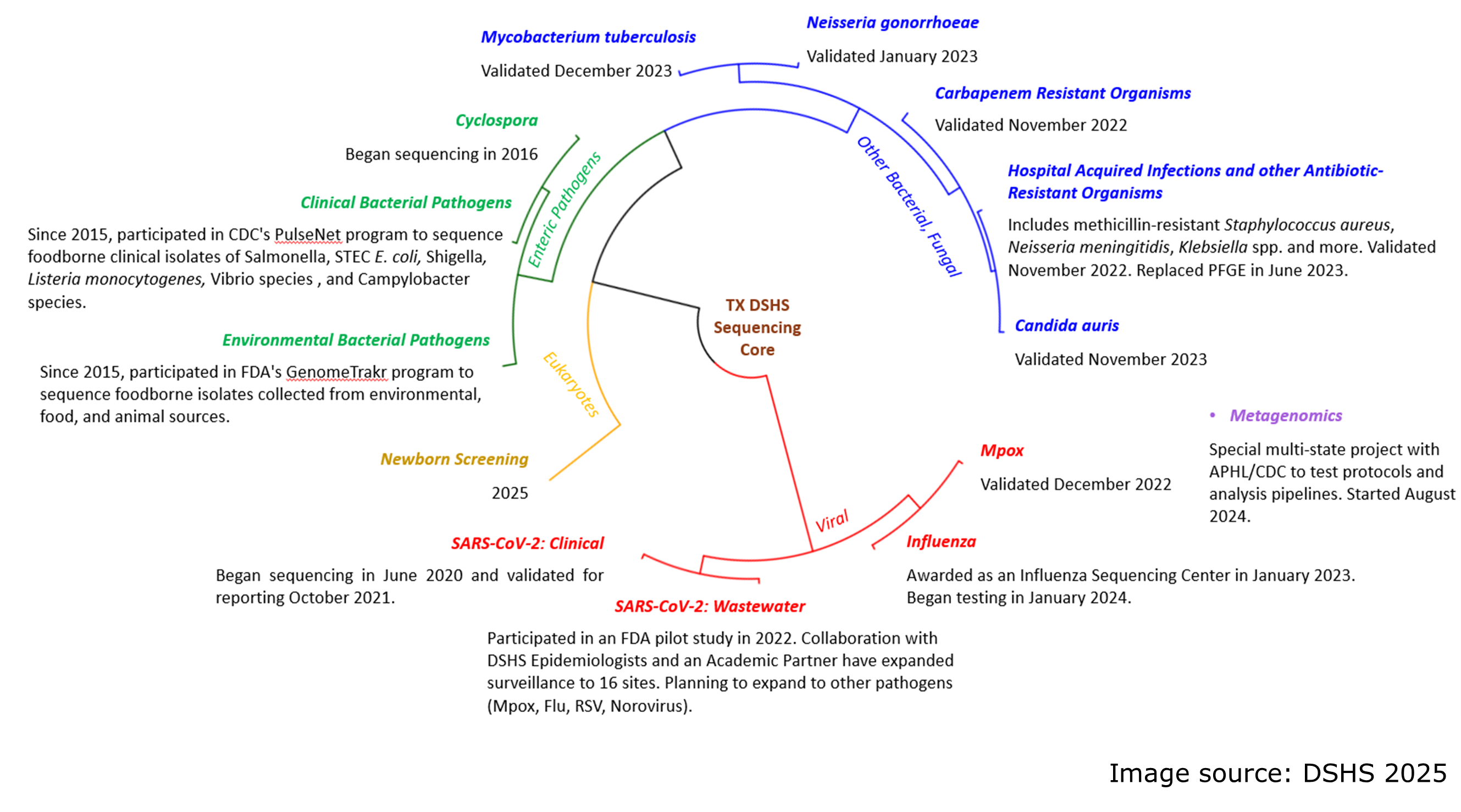 Graphic showing the different sequencing projects being conducted at the DSHS whole genome sequencing laboratory.