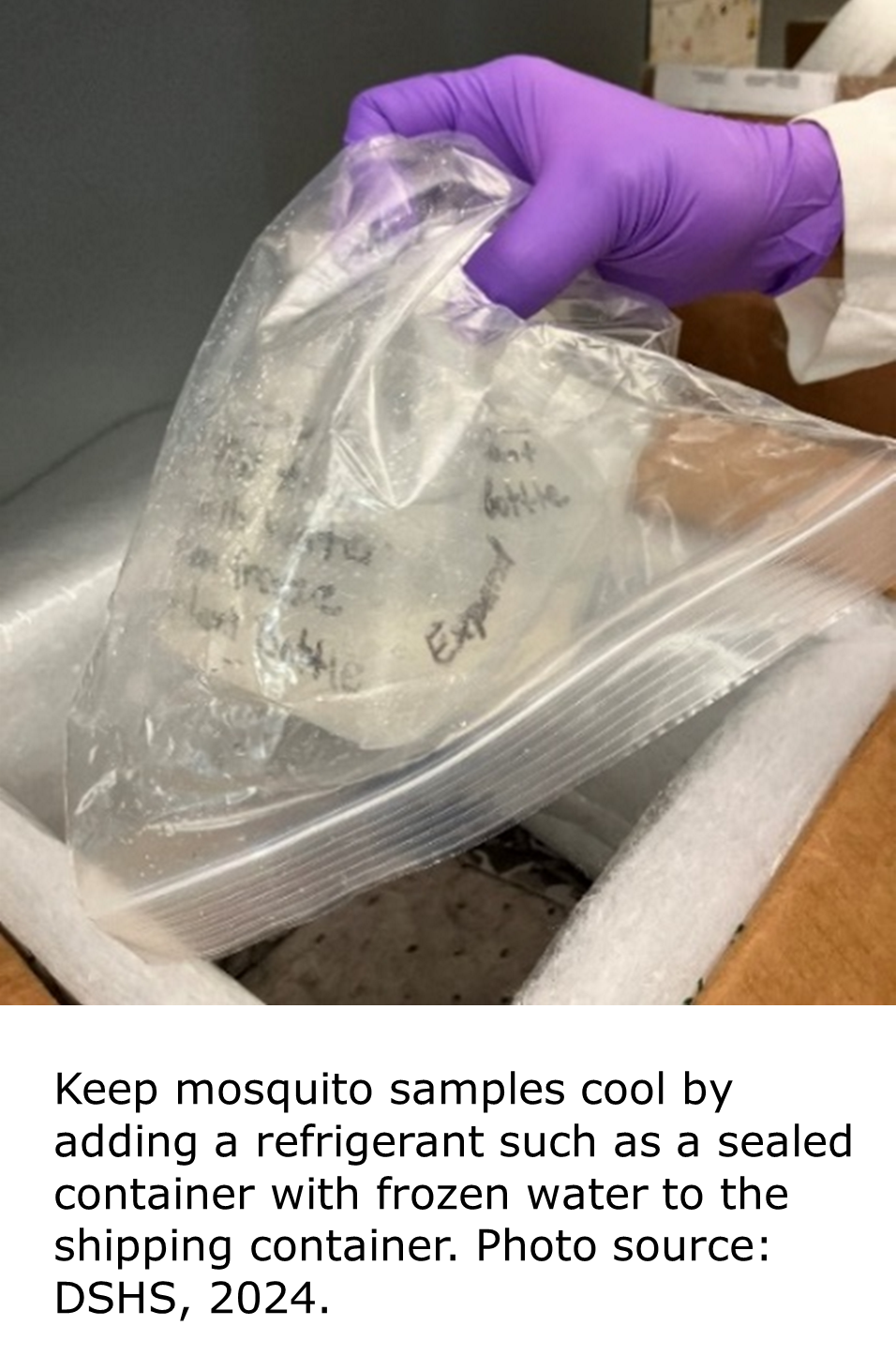 A gloved hand holding a plastic bottle with water that's inside a sealed plastic bag.