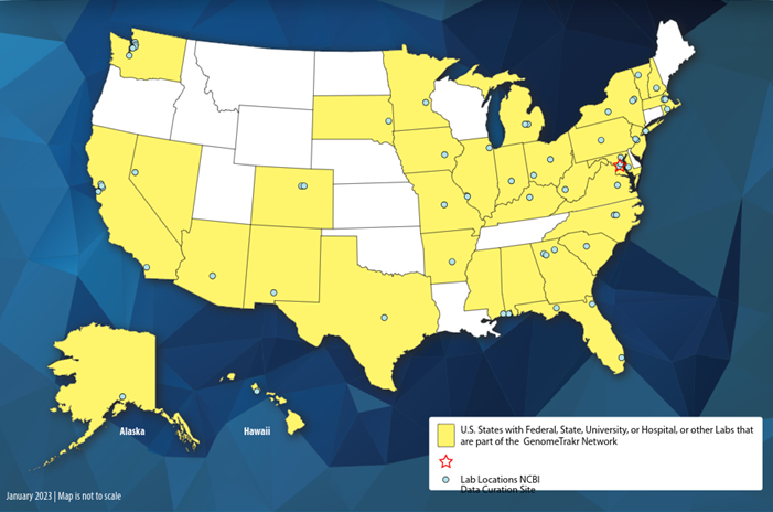 Map of the United States showing the states, university, or hospital or labs that are part of the GenomeTrakr Network