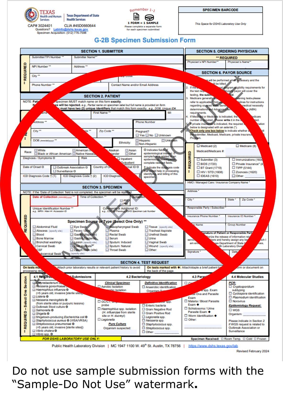 A thumbnail of a sample DSHS specimen submission form, with the "Sample. Do Not Use" watermark. A large red circle with a line, indicating stop/do not proceed is overlayed on the submission form to indicate submitters should not use sample submission forms to submit specimens