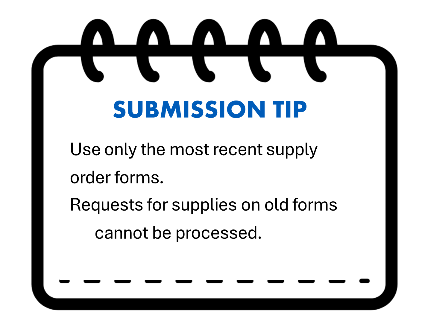 SUBMISSION TIP Use only the most recent supply order forms.  • Requests for supplies on old forms cannot be processed.