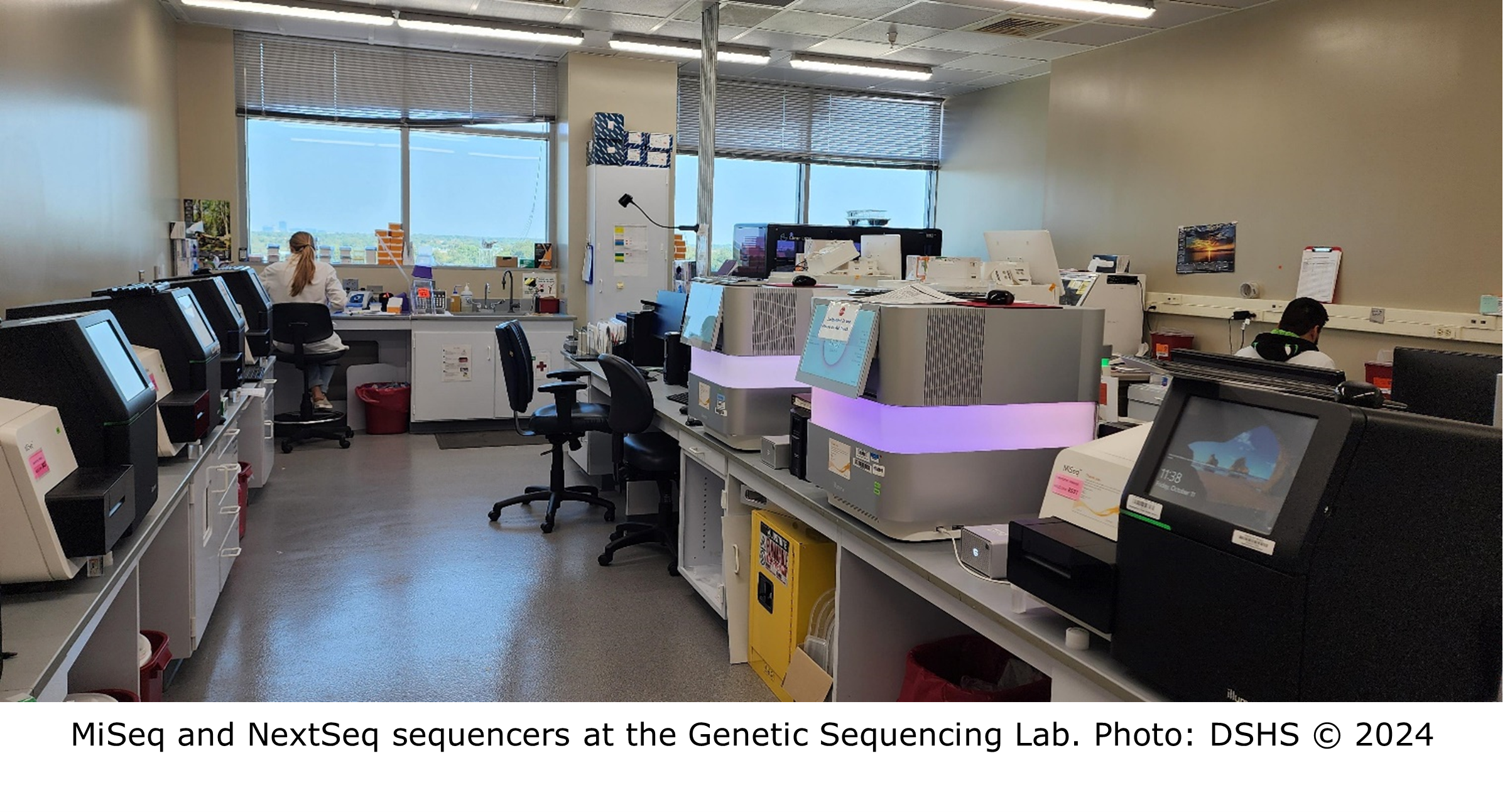 The interior of a whole genome sequencing laboratory. MiSeq and NextSeq sequencer are placed on lab benches