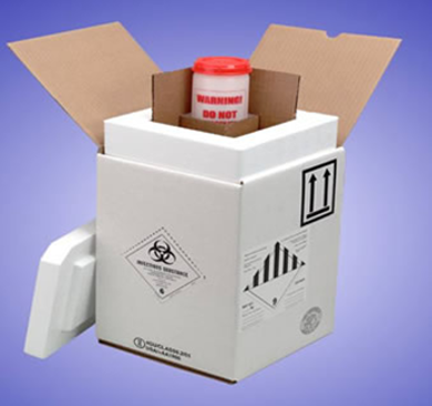 An appropriate shipping container for a  Category A infectious substance. A cylindrical container with a lid inside a polystyrene box that is nested in a cardboard outer mailer.