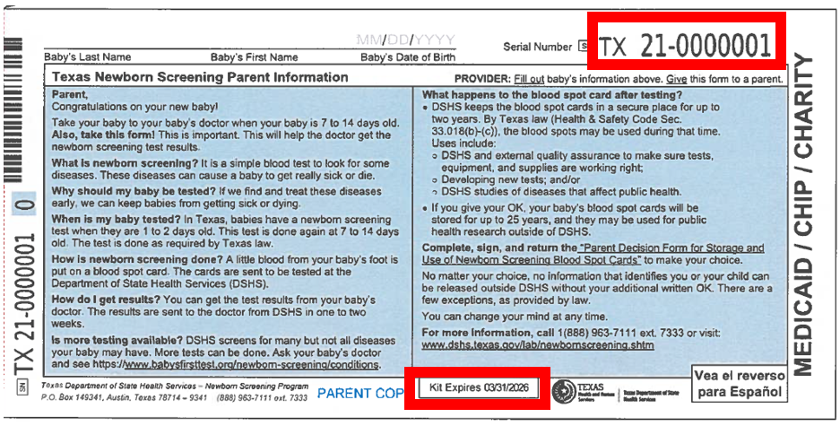 Newborn Screening Collection Kits Expiring March 31, 2026 