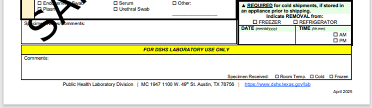 IMPORTANT NOTICE FOR TEXAS HEALTH STEPS PROVIDERS ***Use the new April 2025 Patient Submission Forms*** Effective immediately, all providers who submit lead, hemoglobin, glucose and lipid specimens to DSHS Public Health Laboratory must use the April 2025 version of the G-THSteps or G1-B specimen submission forms that contains your new 8-digit submitter ID number. Using the new form ensures timely processing, reduces extra work, and prevents testing delays. What You Must Do: • Remove and destroy all outdated G-THSteps and G1-B patient submission forms. • Use only the APRIL 2025 form for every THSteps specimen submission.