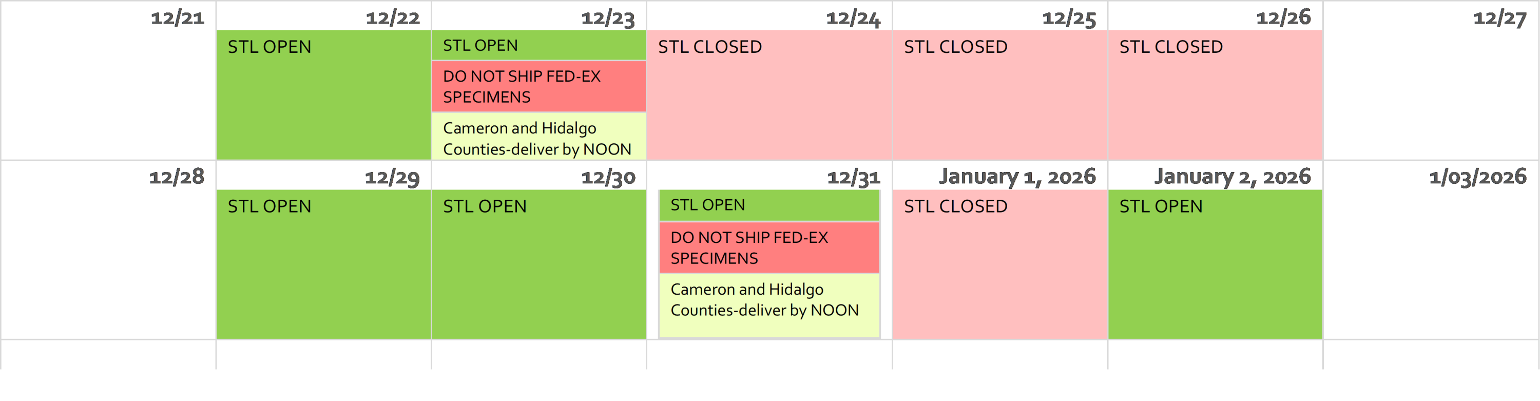 South Texas Holiday Closure Schedule