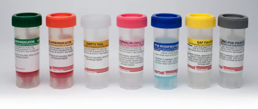 Seven plastic cylindrical stool sampling containers with labels and twist off lids