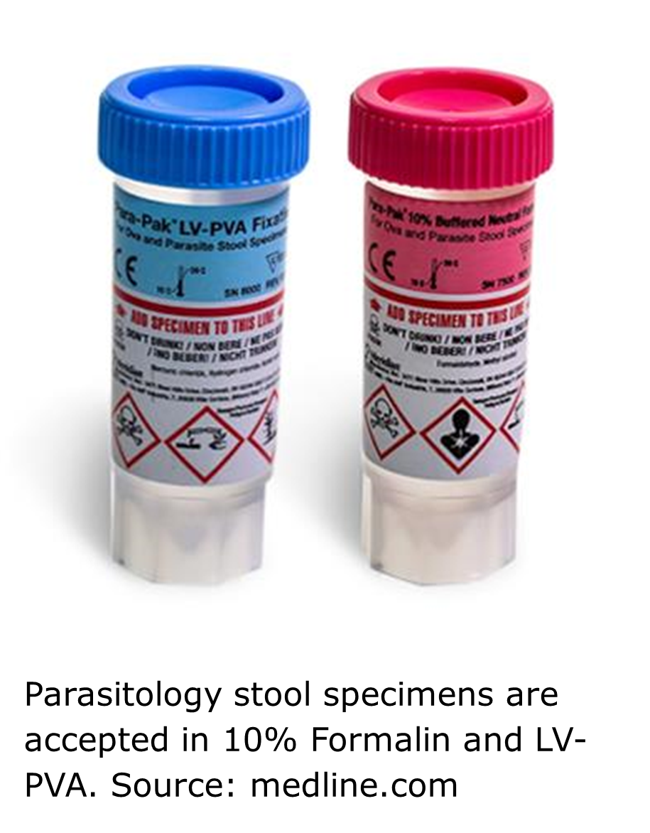 Two stool specimen containers with labels. One with a blue label and lid. The other has a pink label and lid. 