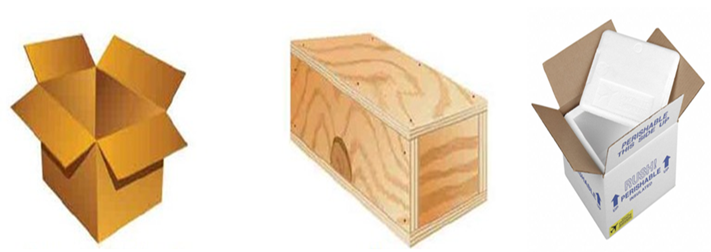 "At left, a colored line drawing of an open and empty corrugated cardboard box. The image  label identifies it as "Corrugated Fiberboard". At right, a colored line drawing of a closed plywood box. The image label identifies it as "Wood". "