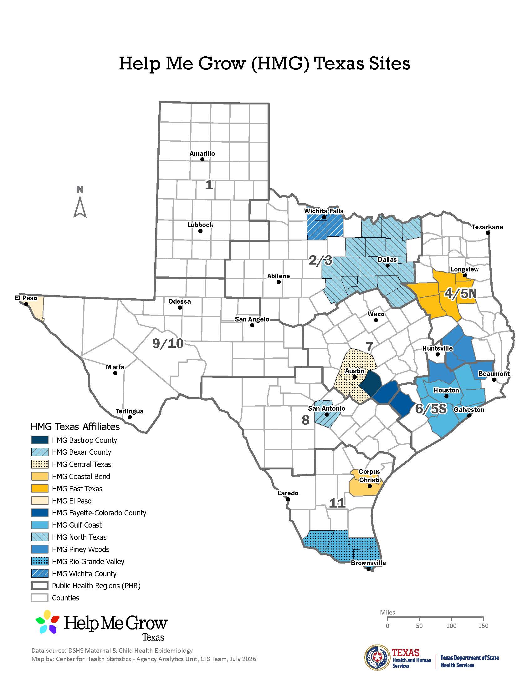 Mapa de sitios Help Me Grow (HMG) en Texas