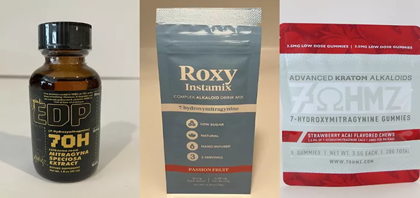 Examples of (left to right) 7-OH extract, powder, and gummies