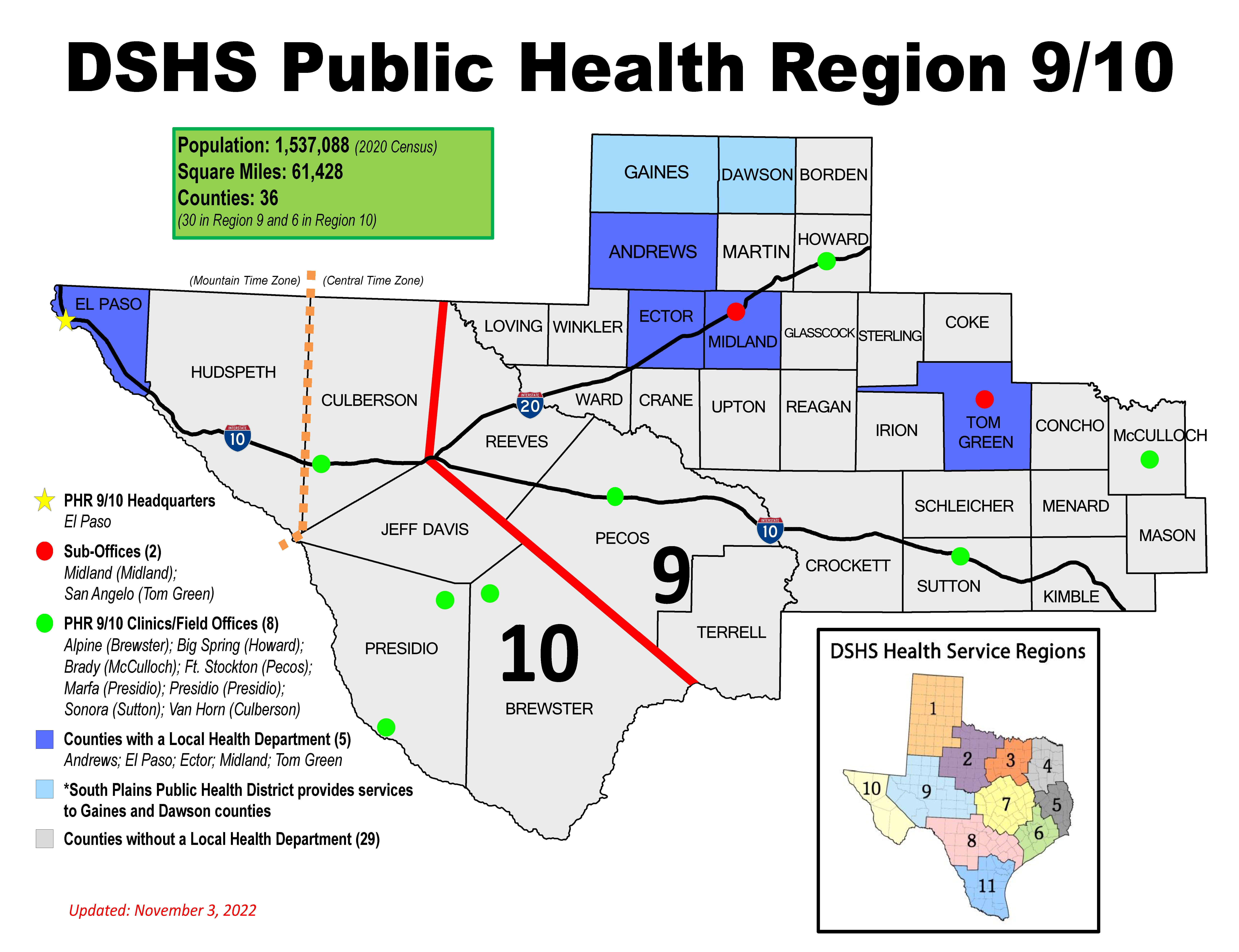 Un mapa muestra las ubicaciones de las oficinas de salud pública y la cobertura dentro de la región de salud pública 9/10
