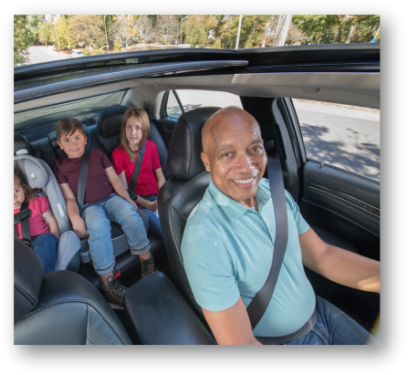 Family in car with car seats