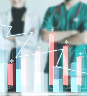 Blurred healthcare professionals with overlaid bar graphs and a zigzag line.