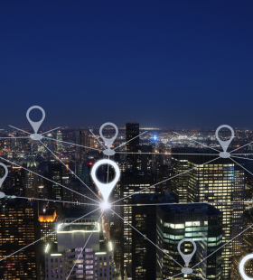 Image of map icons over building