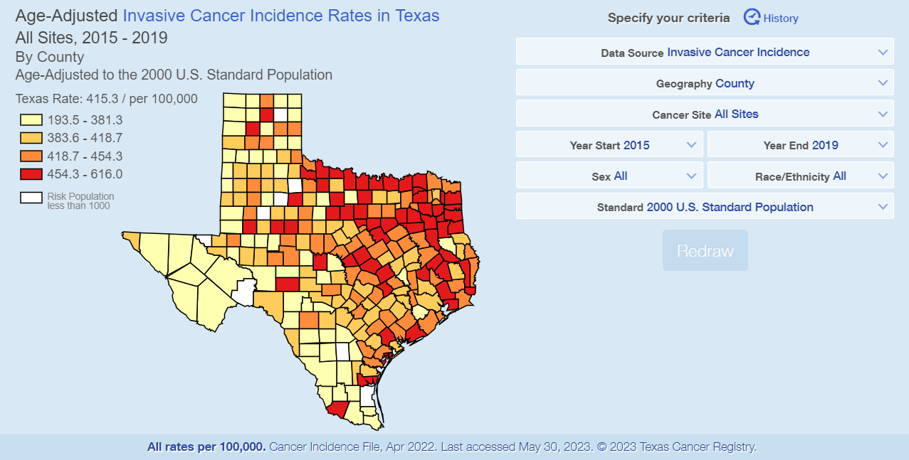 A map of Texas showing the county-by-county cancer rate.