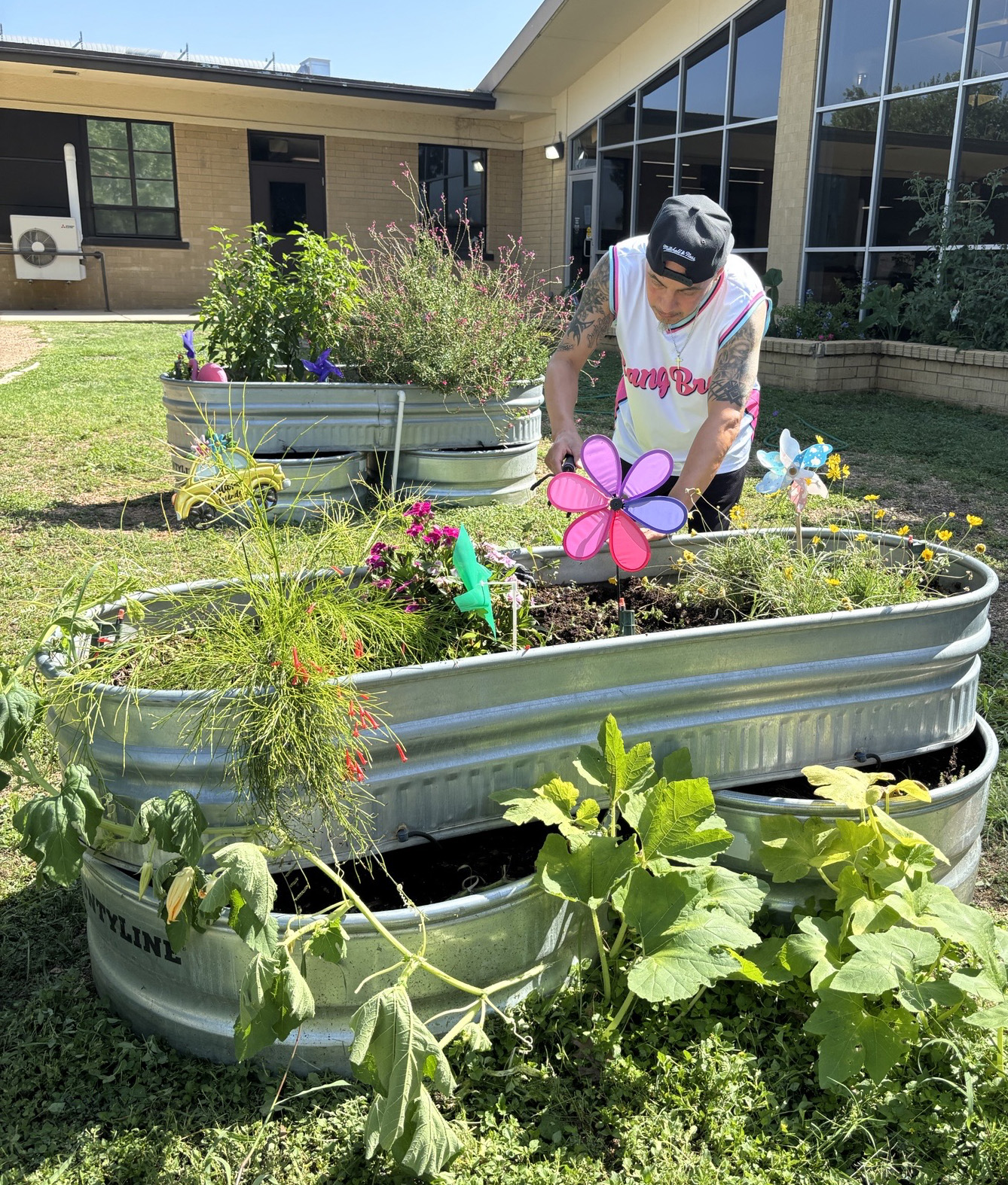 Una persona cuida unas flores en una jardinera metálica tipo abrevadero, con un molinillo decorativo, al aire libre cerca de un edificio.