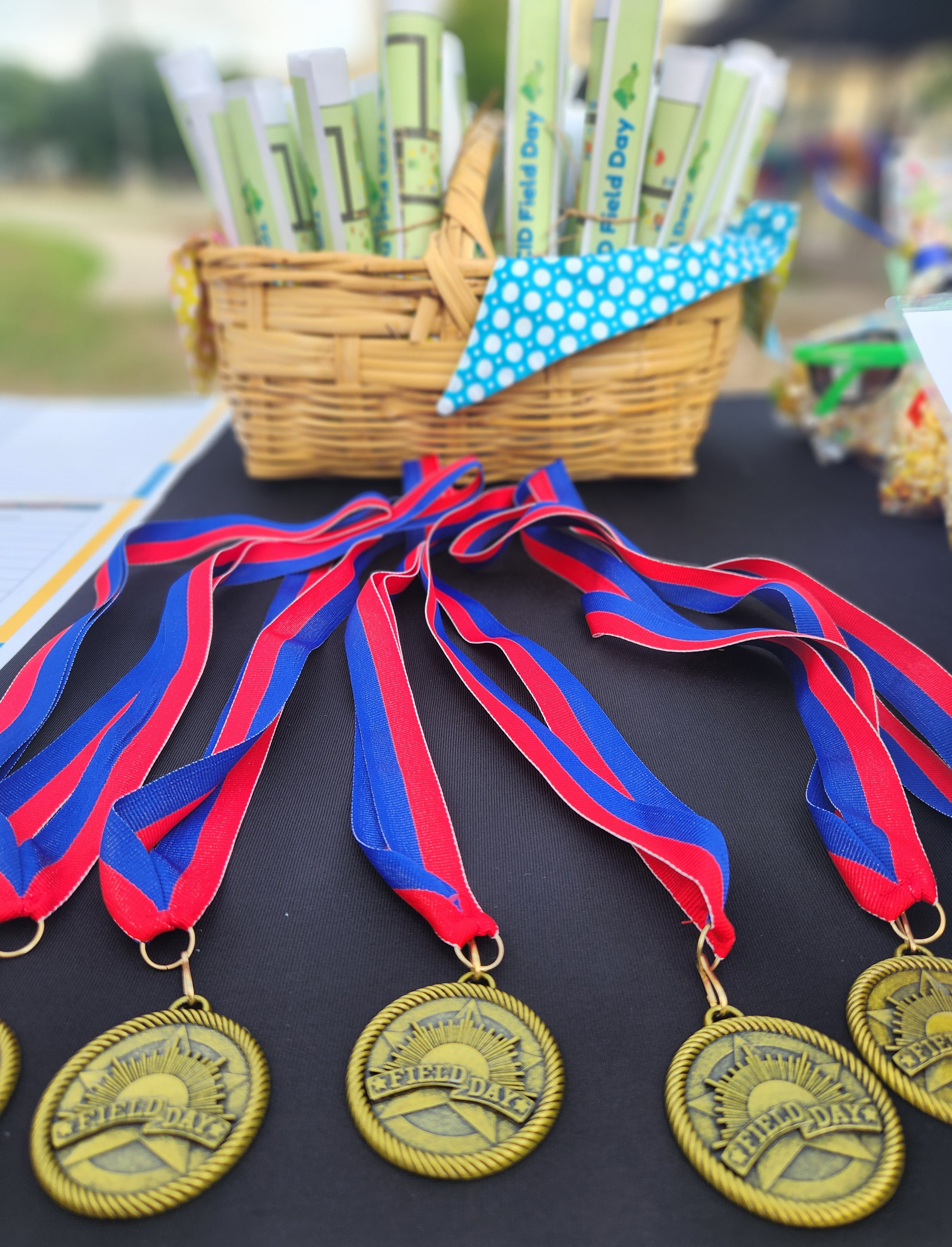 A group of Field Day medals with a basket of papers in the background