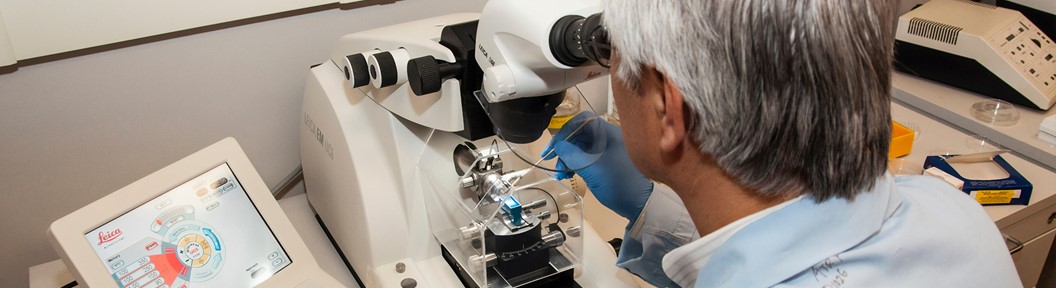 "A technician using a microtome to prepare histological sections of tissue for pathological examination. A microtome is an instrument that cuts extremely thin sections of material for examination under a microscope."