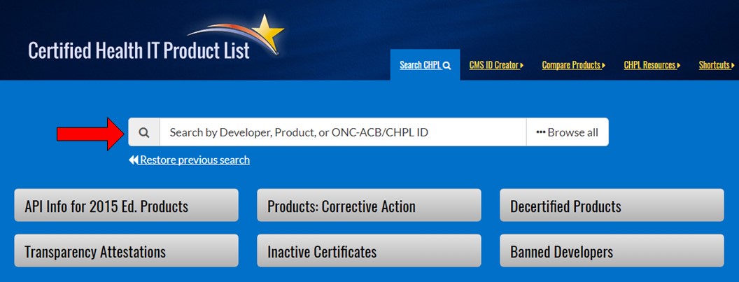 Screenshot of a website with title "Certified Health IT Product List"