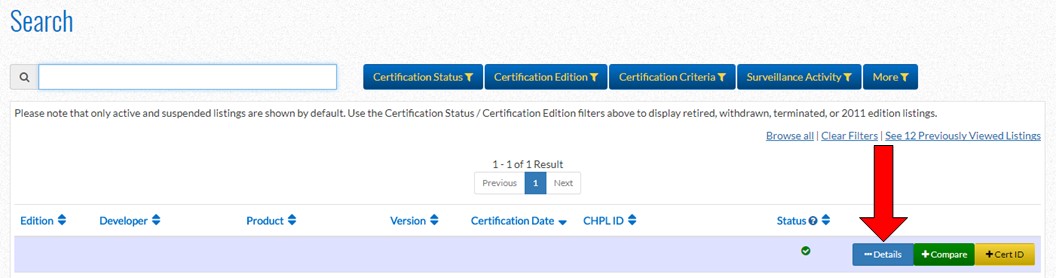 screenshot of search bar and an arrow pointing to a button that says "Details"