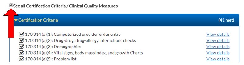 Screenshot with arrow pointing to "see all certification criteria"