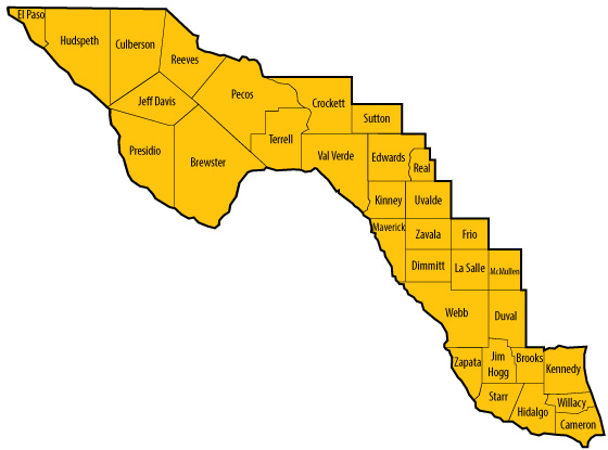 Figure 1. Counties in the Texas-Mexico Border Region - an image of the Texas counties within 100 miles of the Texas-Mexico border.