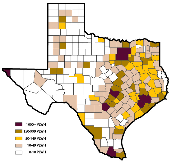 Map of people living with HIV in Texas by County, 2016. Data in excel table below.