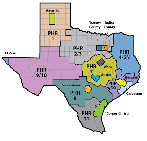 Figure 1. PHFU and STD Surveillance Sites, Texas - listing of public health follow up and STD surveillance sites: Amarillo, Austin, Corpus Christi, Dallas County, El Paso, Galveston, Houston, San Antonio, Tarrant County, Waco, PHR 1, PHR 2/3, PHR 4/5N, PHR 6/5S, PHR 7, PHR 8, PHR 9/10, PHR 11.