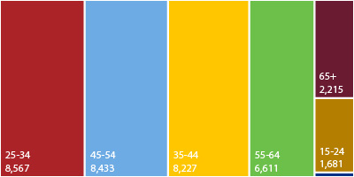 Black Texans Living with Diagnosed HIV in 2019 by Age. 25-34, 8,567; 45-54, 8,433; 35-44, 8,227; 55-64, 6,611; 65+, 2,215; 15-24, 1,681; 0-14, 100.