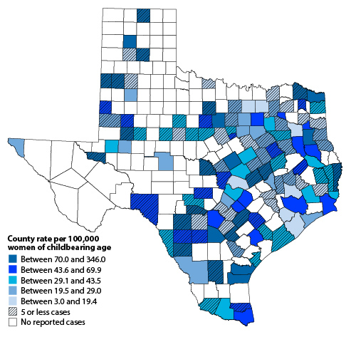Figure 6: Syphilis rates* in women of childbearing age by county, Texas 2018