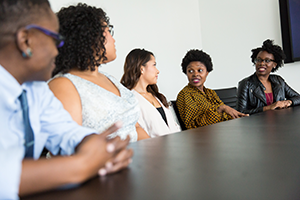 A group of people having a lively discussion.