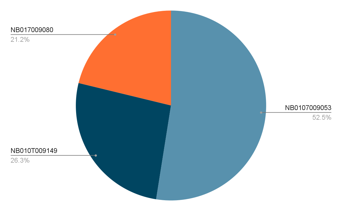 Texas DSHS Health Promotion grant amount pie chart. NB010T009053 accounts for 52.5%. NB0107009149 accounts for 26.3%. NB010T009080 accounts for 21.2%.