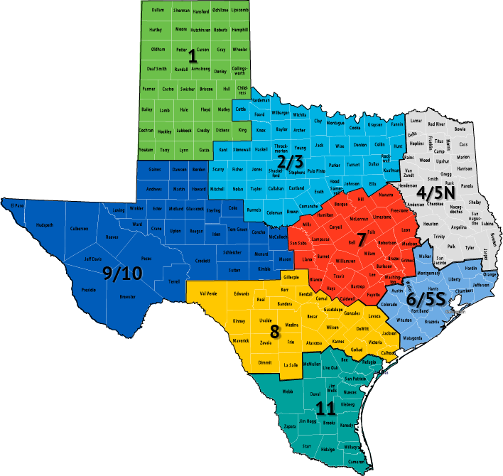 Texas map with regions.