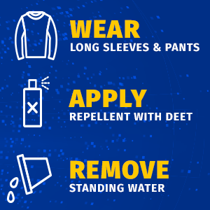 Stylized shirt, repellent spray bottle, and a bucket dumping water. 'Wear long sleeves & pants, apply repellent with DEET, and remove standing water.
