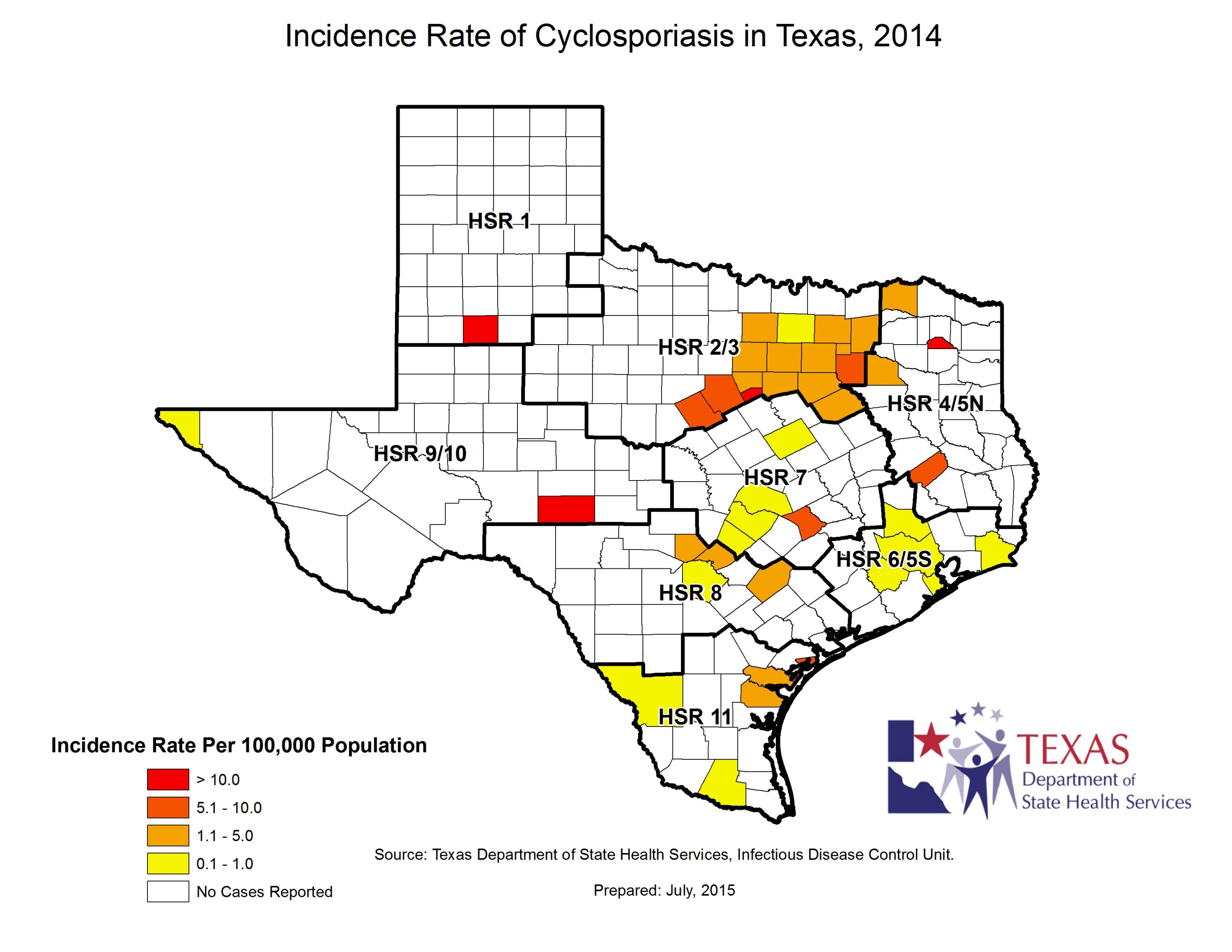 Image of Texas showing counties and incidence rates per 100,000 population for 2014.