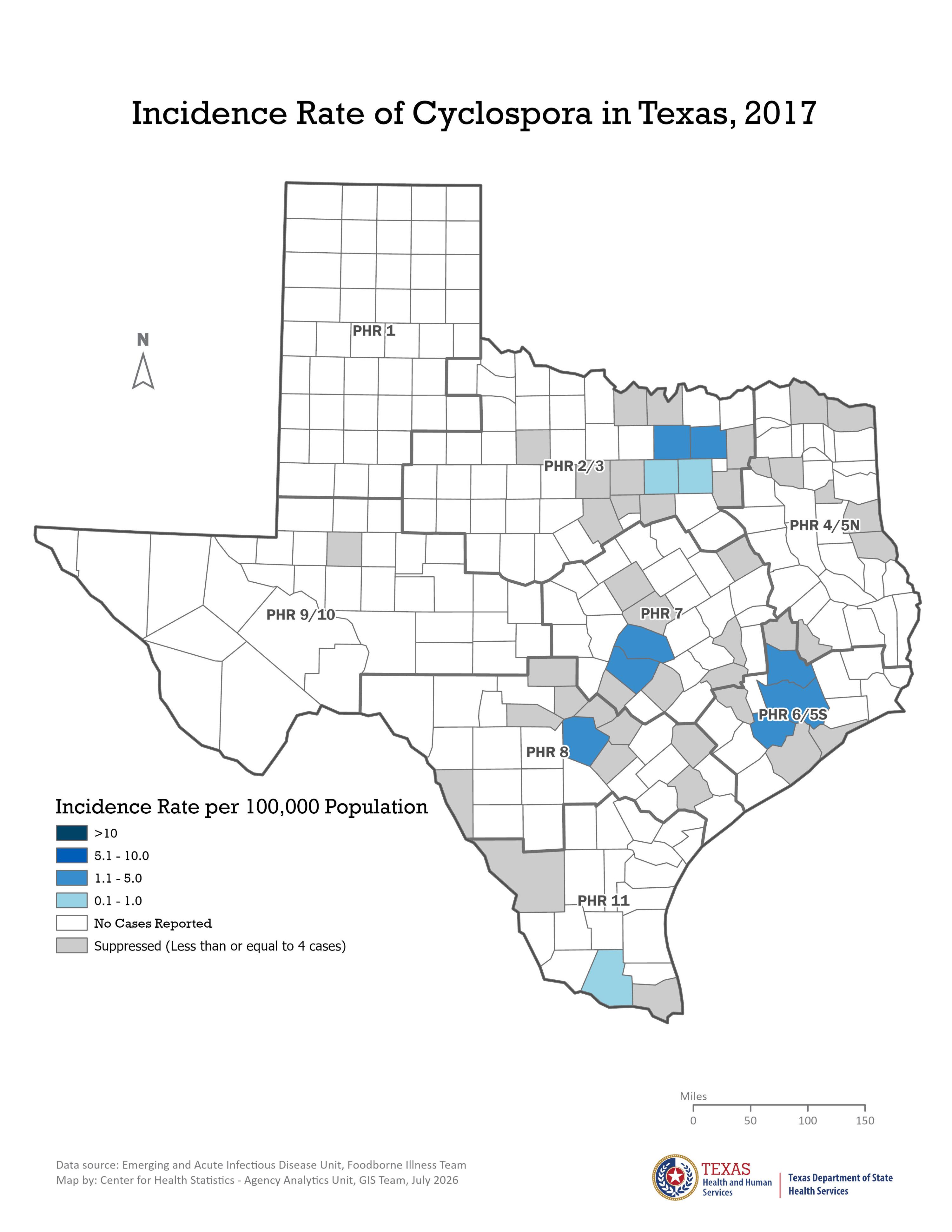 Image of Texas showing counties and incidence rates per 100,000 population for 2017.