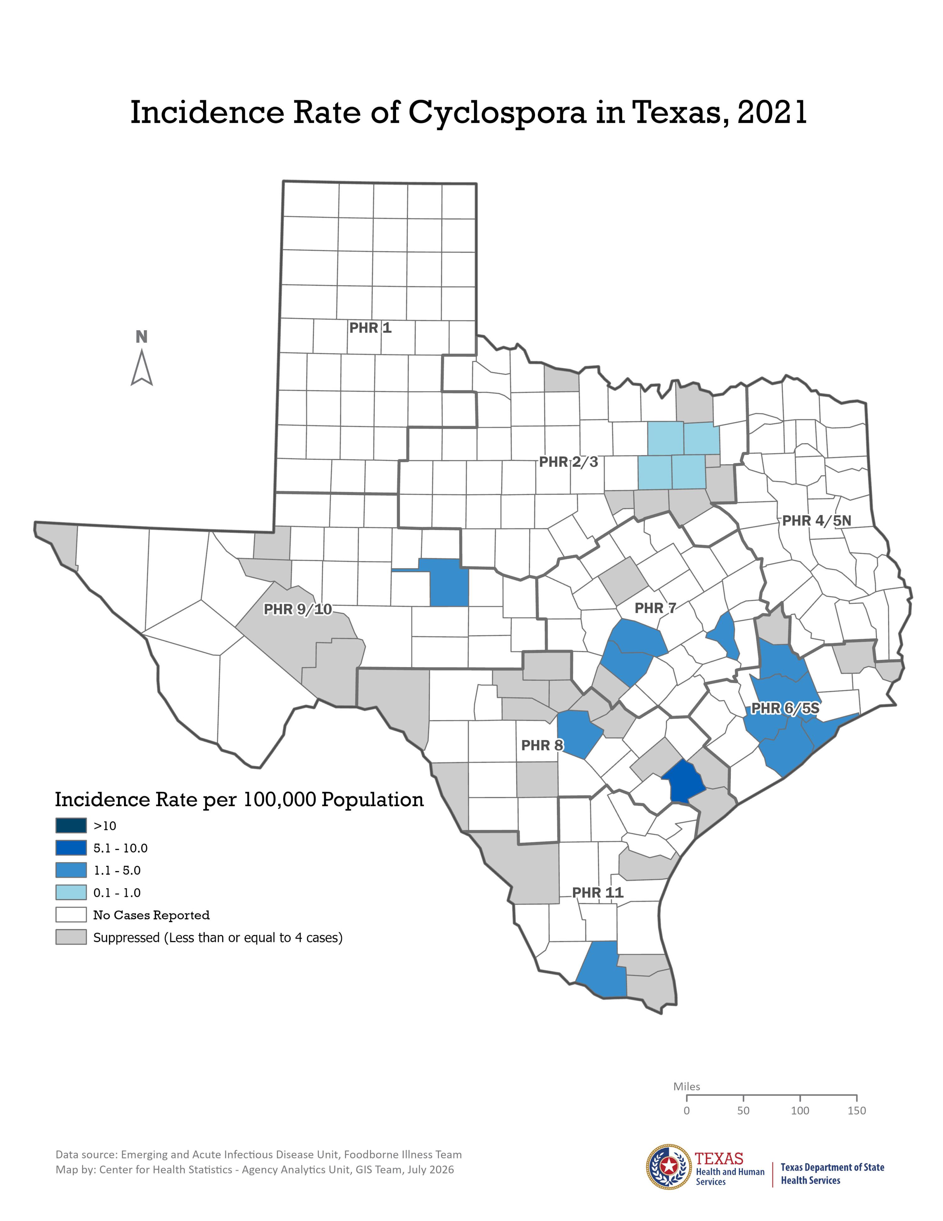 Image of Texas showing counties and incidence rates per 100,000 population for 2021.