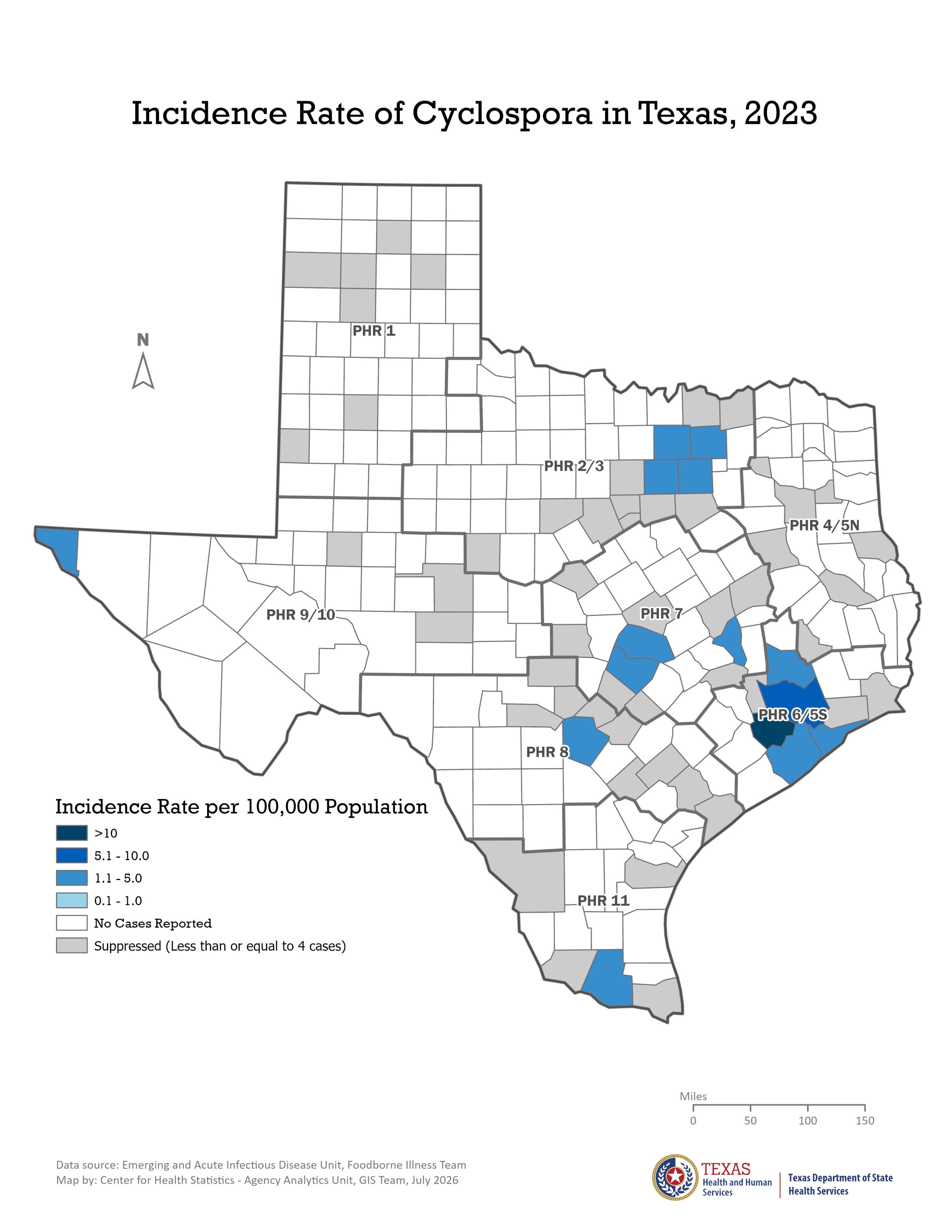 Image of Texas showing counties and incidence rates per 100,000 population for 2023