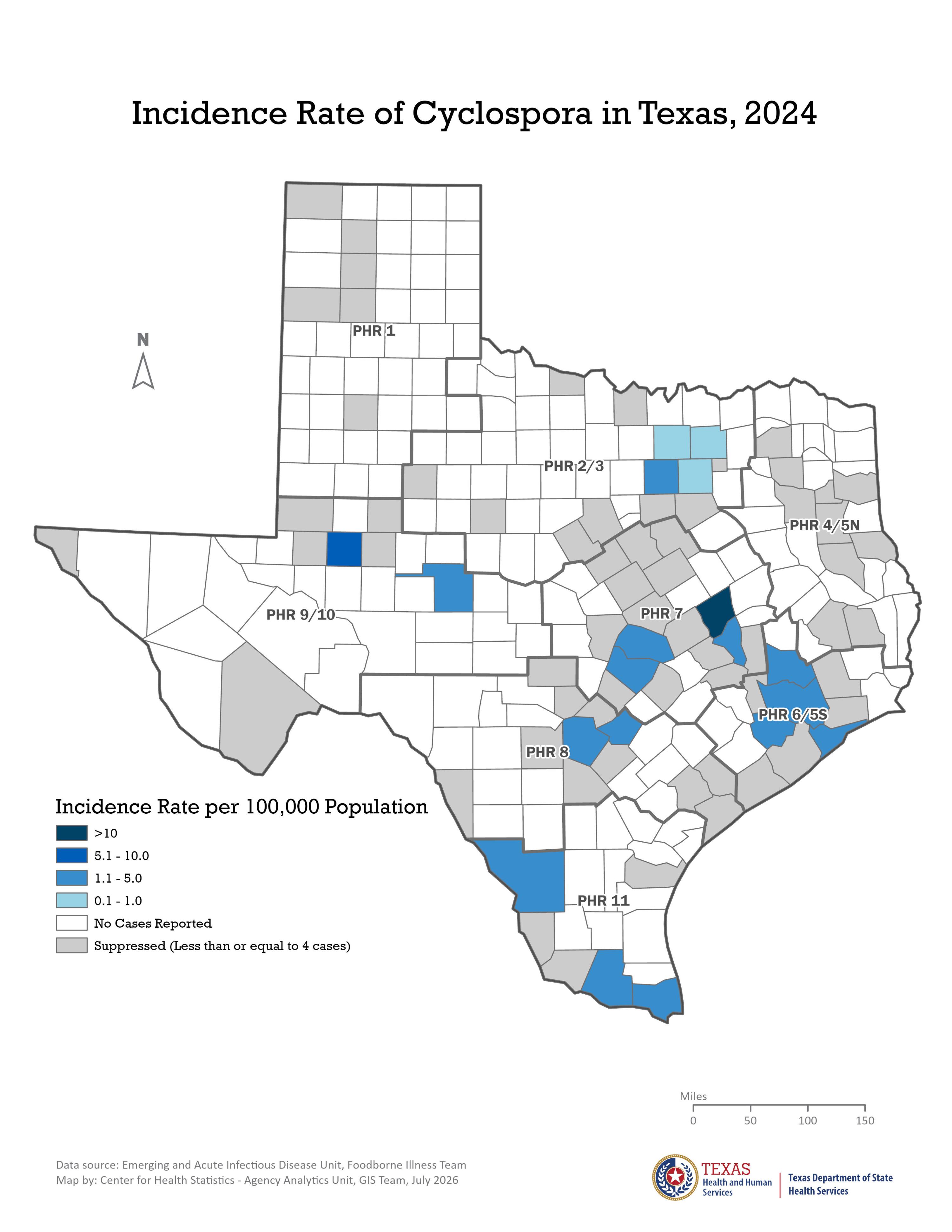Image of Texas showing counties and incidence rates per 100,000 population for 2024.