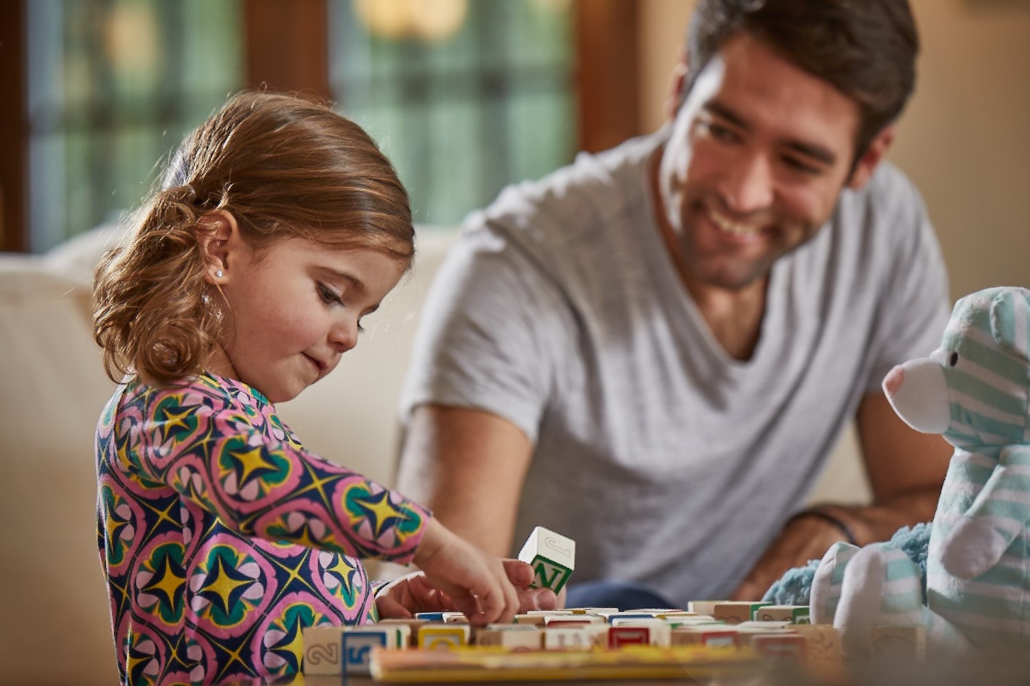 Back to School Page - Little Girl w Blocks and Dad