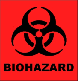 Black biohazard symbol on red background with BIHOAZARD label