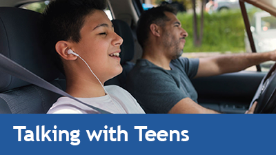 Photo of teen and parent in a car - link to Talking to Teens About Vaping page