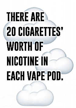 Graphic: There are 20 cigarettes' worth of nicotine in each vape pod. Graphic of clouds.