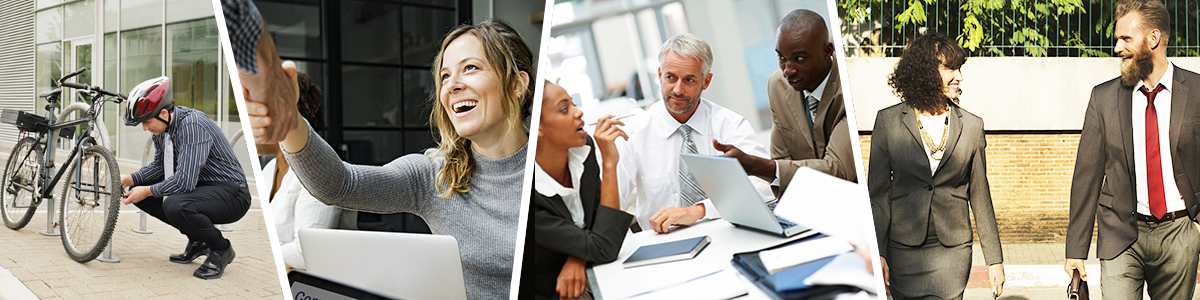 Collage of images showing people in scenarios that demonstrate workplace wellness.