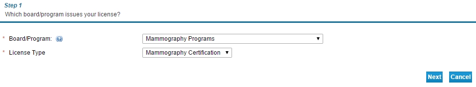 select your licensing board and license type