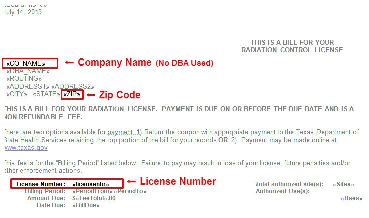 Radiation bill invoice showing locations of company name, zip code, and license number Radiation bill invoice showing locations of company name, zip code, and license number