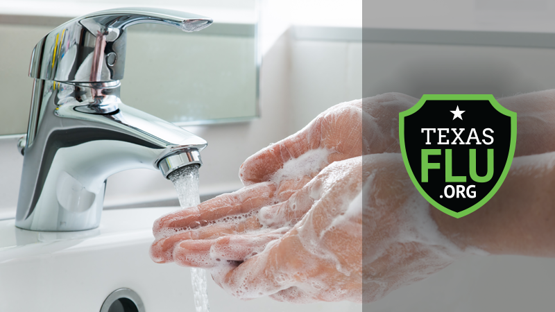Person washing hands with TexasFlu.org logo.